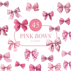 45 Pink Bows Clipart, Gingham, Plaid & Polka Dot Pink Bow PNG Bundle, Cute Digital Ribbon Clip Art for Invitations, Scrapbooking