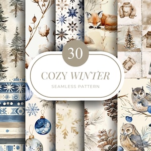 Könnte beinhalten: Eine Sammlung von 30 nahtlosen "Cozy Winter"-Mustern. Die Designs zeigen Aquarellillustrationen von Winterszenen, darunter Kiefern, Schneeflocken, Eulen, Füchse und Ornamente. Die Farbpalette umfasst Blau-, Braun- und Cremetöne.