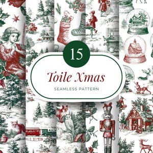 Könnte beinhalten: Eine Sammlung nahtloser Weihnachtsmuster in Rot und Grün mit klassischen Toile-Designs. Die Muster zeigen Bilder von Schneekugeln, Waldszenen und Weihnachtsfiguren. Der Text "Toile Xmas" und die Zahl "15" sind ebenfalls sichtbar.