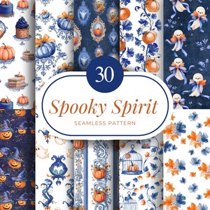Könnte beinhalten: Eine Sammlung von 30 nahtlosen Mustern mit einem gruseligen Halloween-Thema. Die Muster zeigen Kürbisse, Geister und andere festliche Elemente in Orange, Blau und Weiß. Der Text "Spooky Spirit" wird auf einem marineblauen Hintergrund angezeigt.