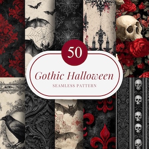 50 gotiska Halloween sömlösa mönster, mörk vintage skalle, korp, damast, spindel, fladdermus digitalt papper, viktoriansk goth, rött och svart