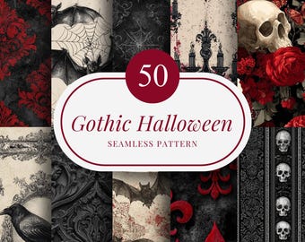 50 gotiska Halloween sömlösa mönster, mörk vintage skalle, korp, damast, spindel, fladdermus digitalt papper, viktoriansk goth, rött och svart