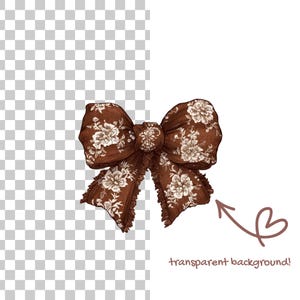 May include: A brown bow with a floral pattern and a ruffled edge. The bow has a transparent background and the text "transparent background!" in the lower right corner.