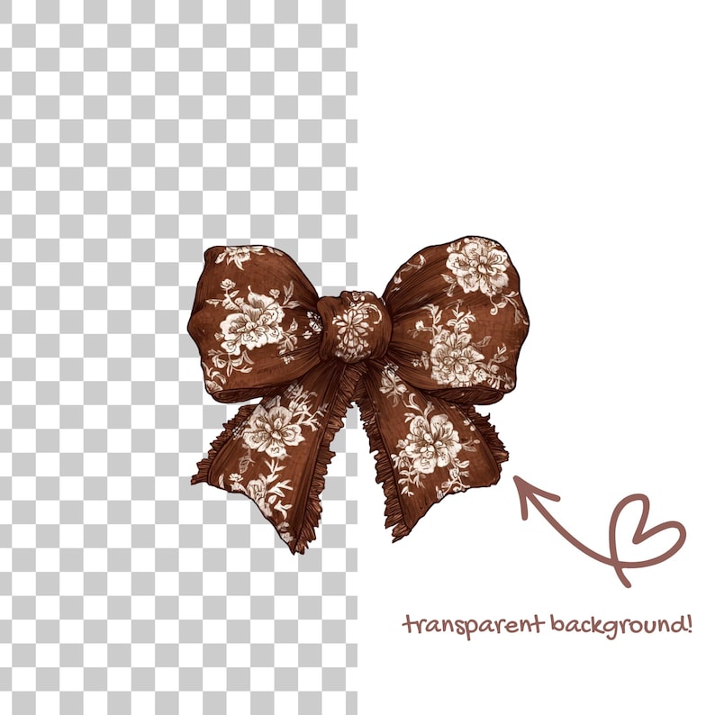 May include: A brown bow with a floral pattern and a ruffled edge. The bow has a transparent background and the text "transparent background!" in the lower right corner.