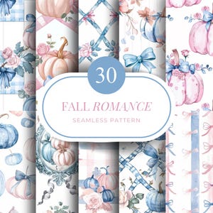 May include: A collection of watercolor seamless patterns featuring pumpkins, roses, and bows in soft pastel colors. The patterns include gingham, floral, and ribbon designs. The text "FALL ROMANCE" and "SEAMLESS PATTERN" are displayed on the image.