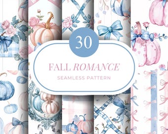 30 Fall Romance Seamless Patterns, Pastel Pumpkin, Blue Pink Floral Digital Paper, Shabby Chic Autumn Scrapbook Papers, Planner, Sublimation