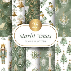 Puede incluir: Una colección de 25 patrones navideños sin costuras en tonos verdes y dorados. Los patrones presentan diseños festivos como campanas, muñecos de nieve y árboles de Navidad. El texto "Starlit Xmas" se muestra en un óvalo dorado.