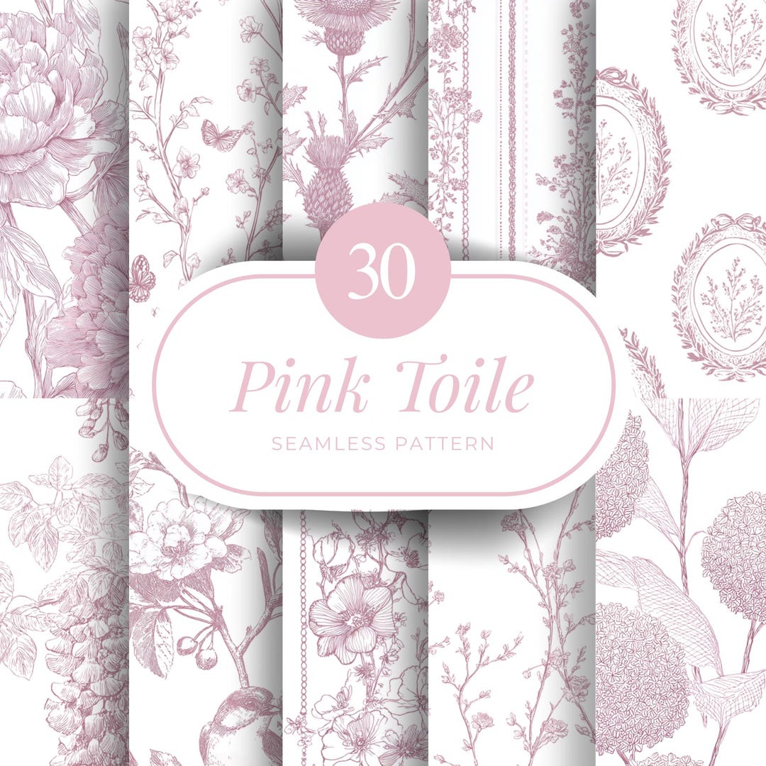 Toile Pattern Border 30 Pink Toile Seamless Patterns, Floral Bird Digital Paper (digital ...