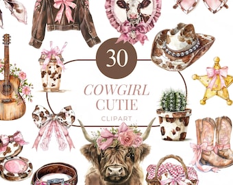 30 Cowgirl Cutie Clipart, Pink Western Watercolor, Cow Boots, Hat, Guitar, Flowers, Bow, Highland Cow, Rodeo Girl, Cute Western PNG