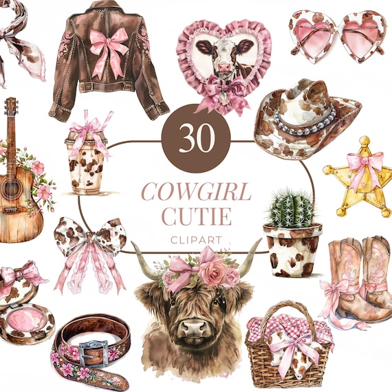 30 Cowgirl Cutie Clipart, Pink Western Watercolor, Cow Boots, Hat, Guitar, Flowers, Bow, Highland Cow, Rodeo Girl, Cute Western PNG