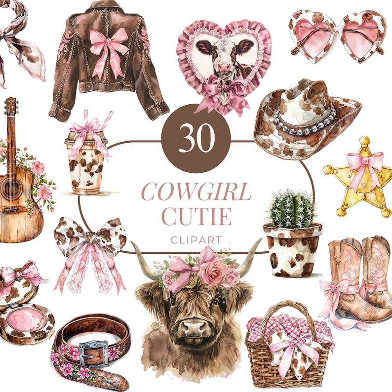 Pink cowgirl watercolor clipart with cow print boots, cow hat, and heart sunglasses for rodeo invites.