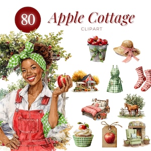 80 Apple Cottage Clipart, Bauernhaus Herbst Land Aquarell PNG, Äpfel Gingham Schürze Cupcake Pferd Haus, Instant Download