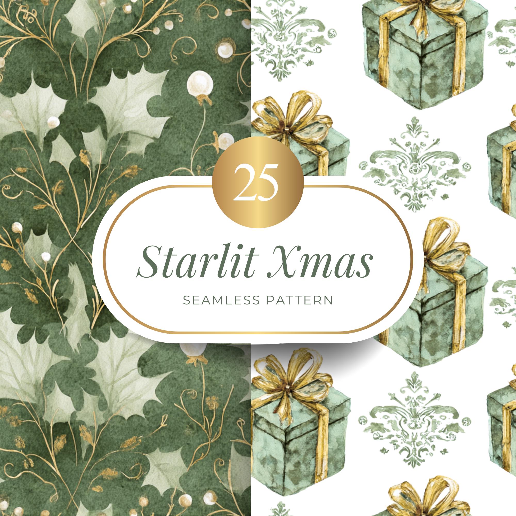 Vintage Christmas Seamless Patterns, Watercolor Green and Gold Xmas ...