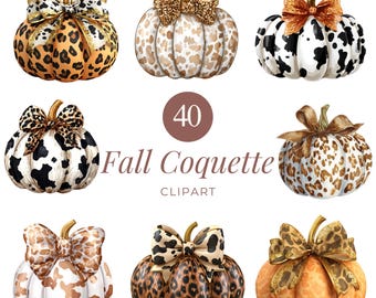 40 Pumpkin Coquette Clipart, Animal Print Pumpkin Coquette, Chic Fall Illustrations, High-Resolution PNG Art for Crafts & Decor