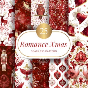 Op de afbeelding: Een verzameling van 25 naadloze patronen met een kerstthema. De patronen bevatten rode en gouden ontwerpen met elementen zoals herten, uilen, klokken en ornamenten. De tekst "Romance Xmas" is weergegeven.