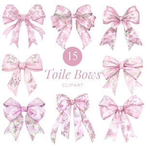 May include: A collection of fifteen pink toile bows in various designs. The bows feature floral patterns and textures, with a soft, watercolor aesthetic. The text "Toile Bows CLIPART" is also visible.