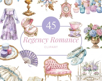 45 Regency Romance Clipart PNG, Vintage Victorian Watercolor, Regency Era Illustrations, Tea Party, Floral, Parlor, Historical Scrapbook
