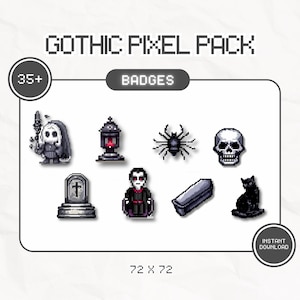以下が含まれることがあります： ゴシックテーマのピクセルアートバッジのコレクション。死神、ランタン、クモ、スカル、墓石、吸血鬼、棺、黒猫のバッジが含まれています。「GOTHIC PIXEL PACK」のテキストが上部に表示されています。サイズは72 x 72です。