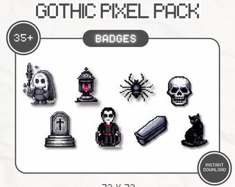 May include: A collection of pixel art badges with a gothic theme. The badges include a grim reaper, a lantern, a spider, a skull, a tombstone, a vampire, a coffin, and a black cat. The text "GOTHIC PIXEL PACK" is at the top.