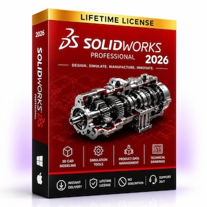 Peut inclure: Une boîte de logiciel rouge et noire pour SolidWorks Professional 2026 avec un graphique d'assemblage d'engrenages mécaniques métalliques. La boîte affiche le texte Lifetime License, Design, Simulate, Manufacture, Innovate, ainsi que des icônes pour la modélisation CAO, les outils de simulation et les dessins techniques.