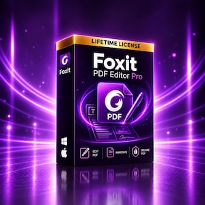 Puede incluir: Una caja de software negra para Foxit PDF Editor Pro con una banda superior dorada etiquetada como LIFETIME LICENSE. El frente presenta un icono de PDF brillante de color púrpura, un bolígrafo e iconos para editar, anotar y asegurar archivos PDF.