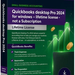 Könnte beinhalten: Eine dunkelgrüne und violette Schachtel für die Software QuickBooks Desktop Pro 2024 für Windows. Die Vorderseite zeigt den Text 'Lifetime License - not a Subscription', eine Liste von Buchhaltungsvorteilen, ein grünes Balkendiagramm und Goldmünzen.