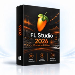Könnte beinhalten: Eine schwarze, rechteckige Software-Box für FL Studio 2026 Producer Edition. Die Vorderseite zeigt ein orangefarbenes Frucht-Symbol, Audio-Wellenformen und den Text Music Production, Audio Recording und Mixing & Mastering. Die Seite zeigt 2026.