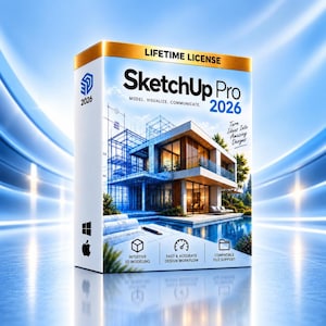 Puede incluir: Una caja de software blanca para SketchUp Pro 2026 con una superposición de estructura arquitectónica azul sobre una casa moderna con piscina. La caja muestra el texto Lifetime License, Model. Visualize. Communicate. y Turn Ideas Into Amazing Designs.