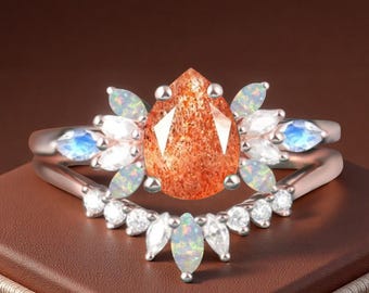 Unique Natural Sunstone Ring Pear Cut Sunstone Engagement Ring Set Art Deco Moonstone Opal Wedding Promise Bridal Ring Set Anniversary Gift