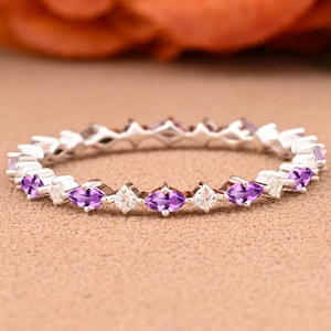Marquise cut Amethyst wedding band Unique Solid 14k Rose gold Moissanite wedding band full eternity matching stacking band Anniversary ring