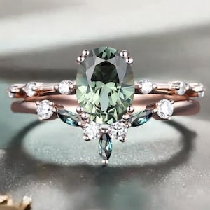 Vintage Blue Green Sapphire Wedding Ring Set Oval Blue Green Sapphire Engagement Ring Set Marquise Alexandrite Moissanite Promise Ring Gift