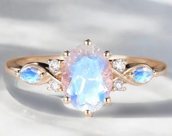 Oval Cut Moonstone Engagement Ring Vintage Unique Rose Gold Marquise Moonstone Moissanite Ring Wedding Promise Ring Bridal Anniversary Ring
