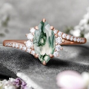 Marquise Cut Moss Agate Engagement Ring Vintage Unique Rose Gold Green Agate Wedding Ring Handmade Bridal Promise Ring Anniversary Ring Gift
