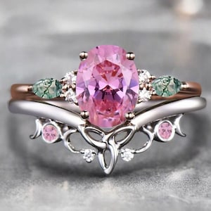 Oval Cut Pink sapphire Engagement Ring Set Vintage Unique Rose Gold Marquise Moss Agate Moissanite Ring Wedding Promise Ring Bridal Ring Set