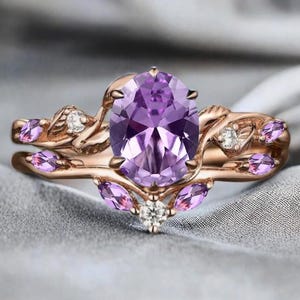 Ensemble de bagues de fiançailles en améthyste violette ovale vintage, bague en moissanite en or rose pour femmes, bague de mariage unique en pierres précieuses, cadeau pour femme