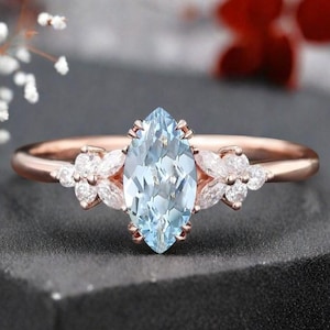 Marquise Cut Aquamarine Engagement Ring Vintage Moissanite Engagement Ring Rose Gold Cluster Moissanite Ring Bridal Promise Anniversary Ring