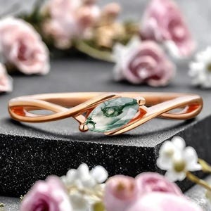 Moss Agate Wedding Band Marquise Moss Agate Ring Rose Gold Curved Twisted Wedding Band Delicate Ring Matching Ring Anniversary Ring Women