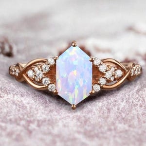 Hexagon Cut Opal Engagement Ring Vintage White Opal Engagement Ring Rose Gold Cluster Moissanite Ring Bridal Promise Anniversary Gift Ring