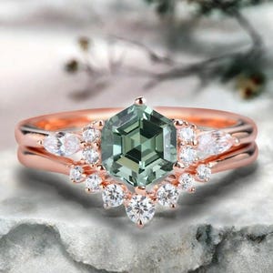 Vintage Hexagon Cut Blue Green Sapphire Ring Set Blue Green Sapphire Engagement Ring Set Unique Moissanite Wedding Ring Anniversary Gift