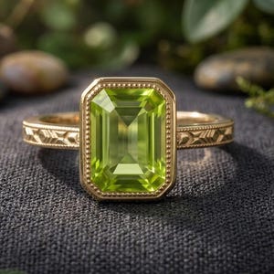May include: A gold ring featuring a large, rectangular, emerald-cut lime green peridot gemstone. The stone is set within a beaded border, and the band displays a repeating geometric chevron pattern along its outer surface.