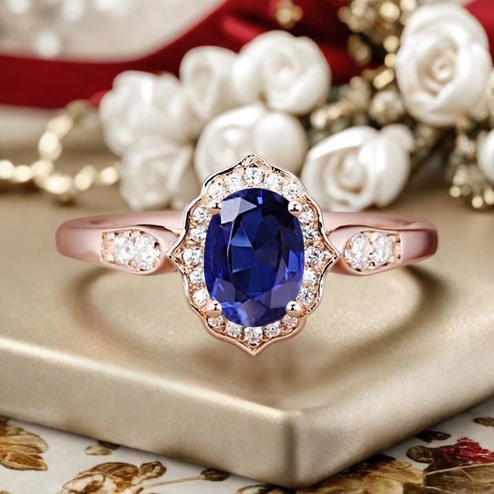 Art Deco Oval Cut Sapphire Engagement Ring Unique Rose Gold Blue Sapphire Ring Blue Gemstone Wedding Ring Bridal Promise Anniversary Gifts
