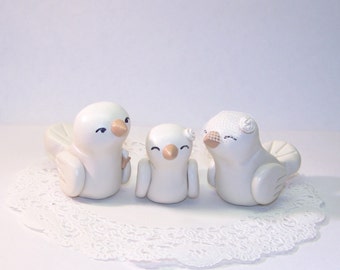 Lovebirds with Baby Bird Wedding Cake Topper - Trio Nuzzling Family - Baby Boy or Girl Bird - FREE U.S. SHIPPING