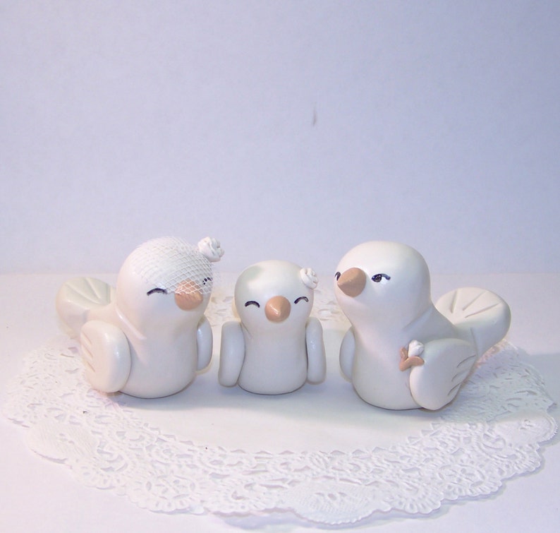 Lovebirds with Baby Bird Wedding Cake Topper Trio Nuzzling Family Baby Boy or Girl Bird FREE U.S. SHIPPING image 2