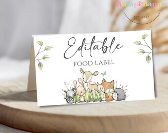 Etiqueta de comida para baby shower de animales del bosque, editable, de género neutro, ciervo, zorro, invitación para baby shower de animales del bosque FF1101