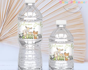 Etiqueta de agua para baby shower con temática de bosque, editable, con animales del bosque de género neutro, ciervo, zorro, invitación para baby shower con animales del bosque FF1101