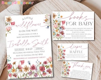 May include: Baby shower invitation set with a floral design. The invitation includes the text "A Little Wildflower" and details for the event. Additional cards include requests for books and a diaper raffle.