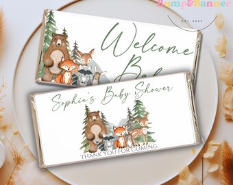 Envoltorio de chocolate para baby shower con temática de bosque, editable, de género neutro, con animales del bosque, ciervos, zorros y animales del bosque, invitación para baby shower WB1104
