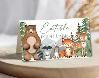 Etiqueta de comida para baby shower de animales del bosque, EDITABLE, neutral en cuanto al género, ciervo, zorro, invitación para baby shower de animales del bosque WB1104