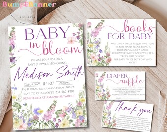 May include: A floral baby shower invitation with purple and pink flowers. The invitation reads "Baby in Bloom" and is for Madison Smith. The shower is on Saturday, November 11th, 2027 at 2:00 PM. The address is 416 Floral Rd Odessa Texas 79762. RSVP to Charlotte at 234-567-8910. Registered at Amazon & Target. The invitation also includes a diaper raffle card and a thank you card.