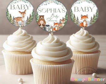 Adorno para cupcakes de baby shower con temática de bosque, animales del bosque neutros y editables, decoración para fiestas, ciervos, zorros, animales del bosque, invitación para baby shower WB1104